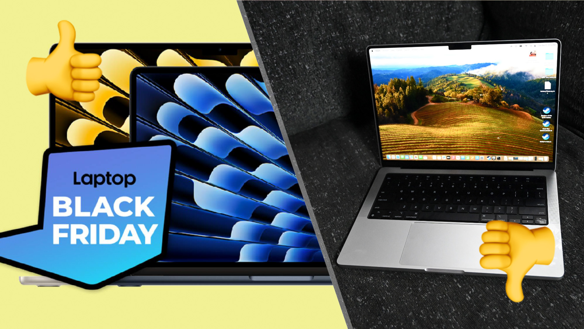 Graphic with Black Friday MacBook deals and a MacBook Pro M3 on a couch